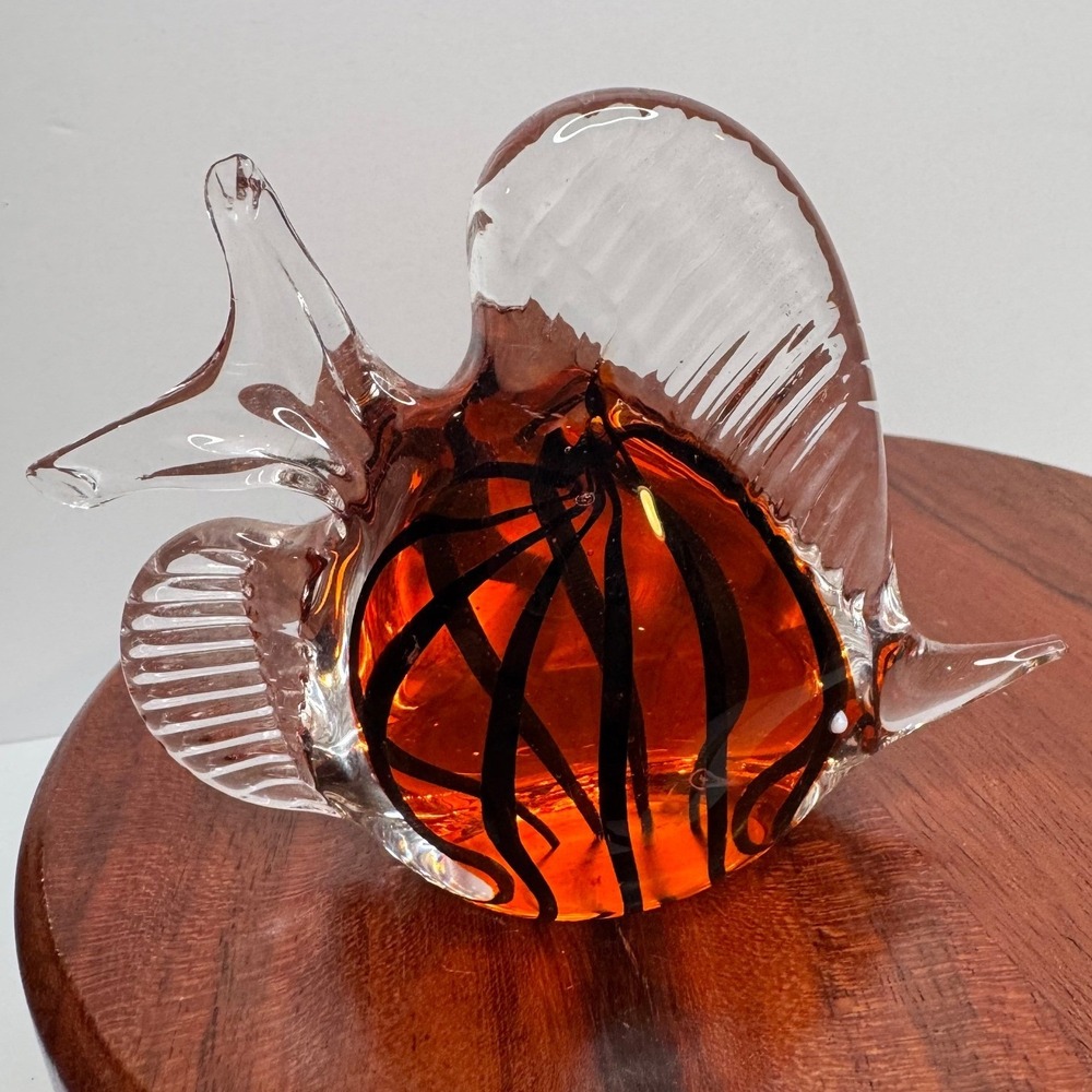 Murano Style Art Glass Fish Figurine Orange Black Striped Clear Glass Sculpture